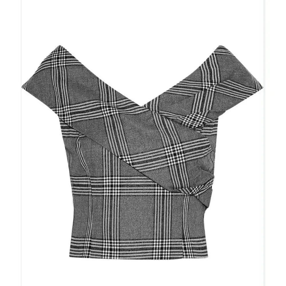 ALICE OLIVIA Deandra cropped metallic checked brushed-twill top Black Gray 2 Xs